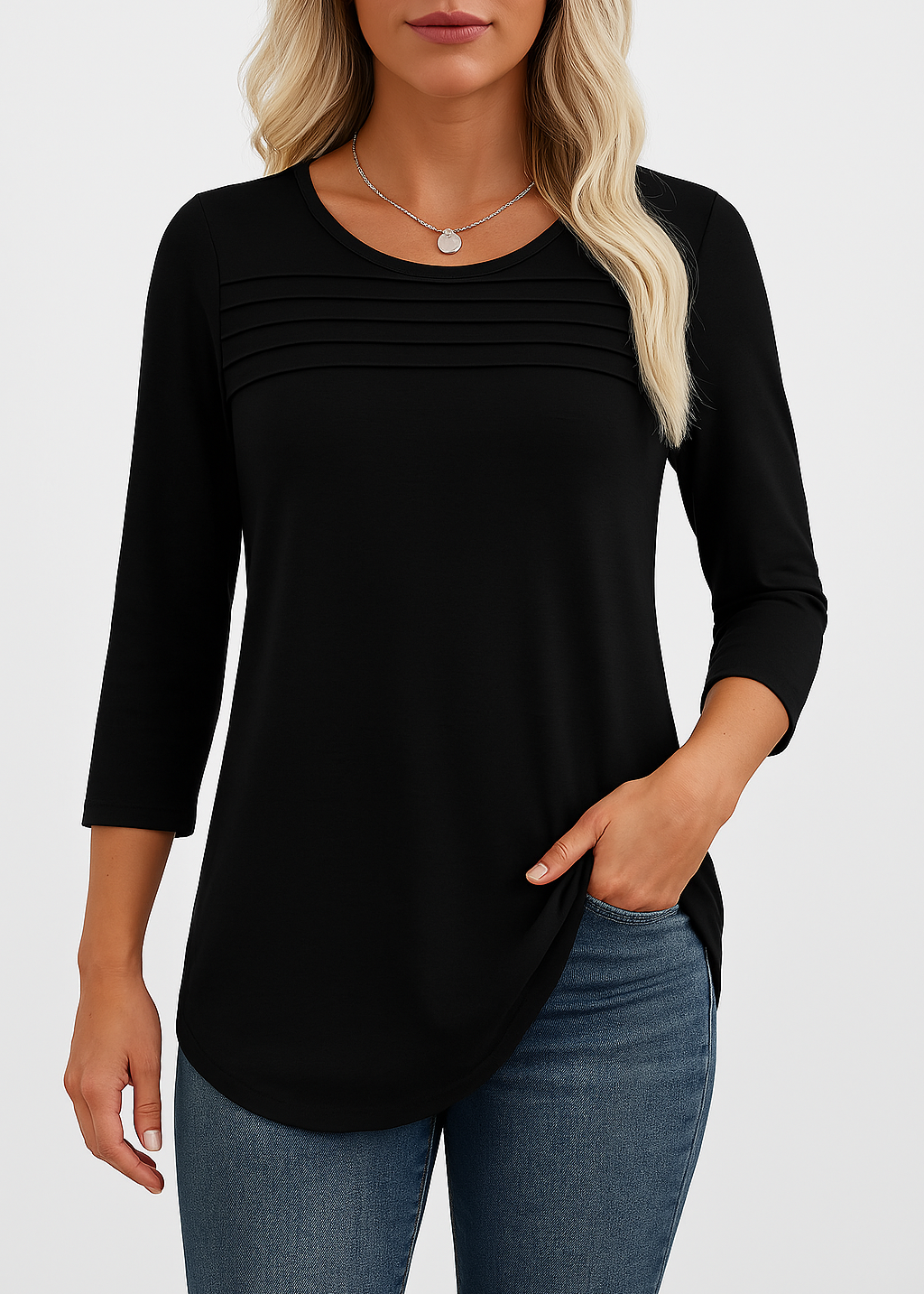 Celestine | 3/4 Length Sleeve Top Pleated Front T-Shirt