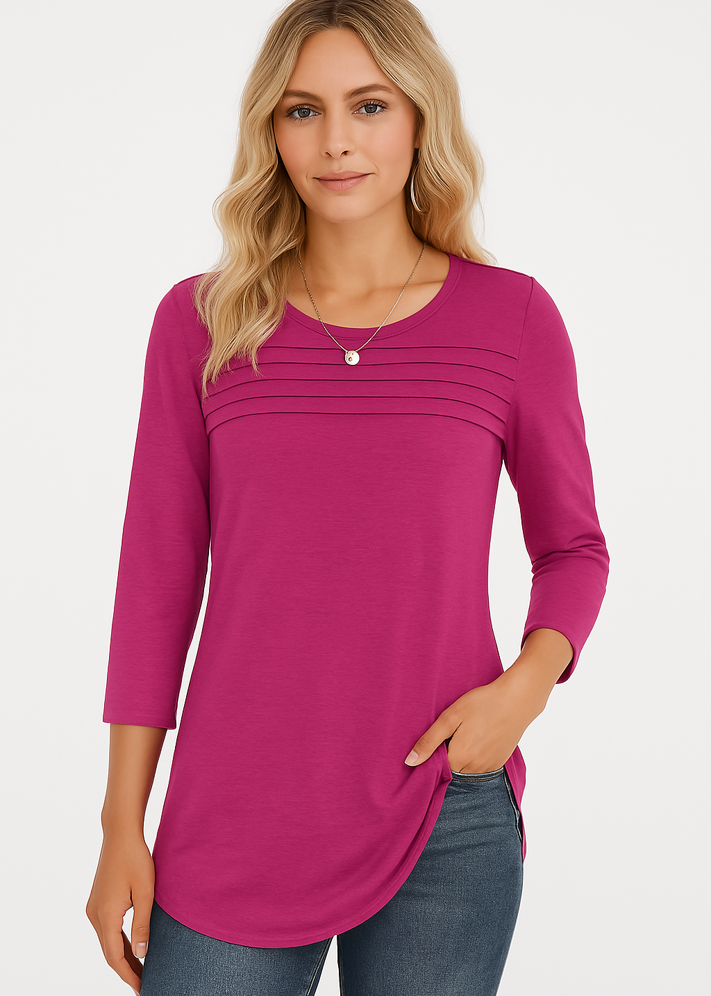 Celestine | 3/4 Length Sleeve Top Pleated Front T-Shirt