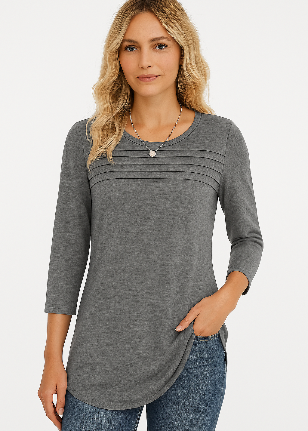 Celestine | 3/4 Length Sleeve Top Pleated Front T-Shirt