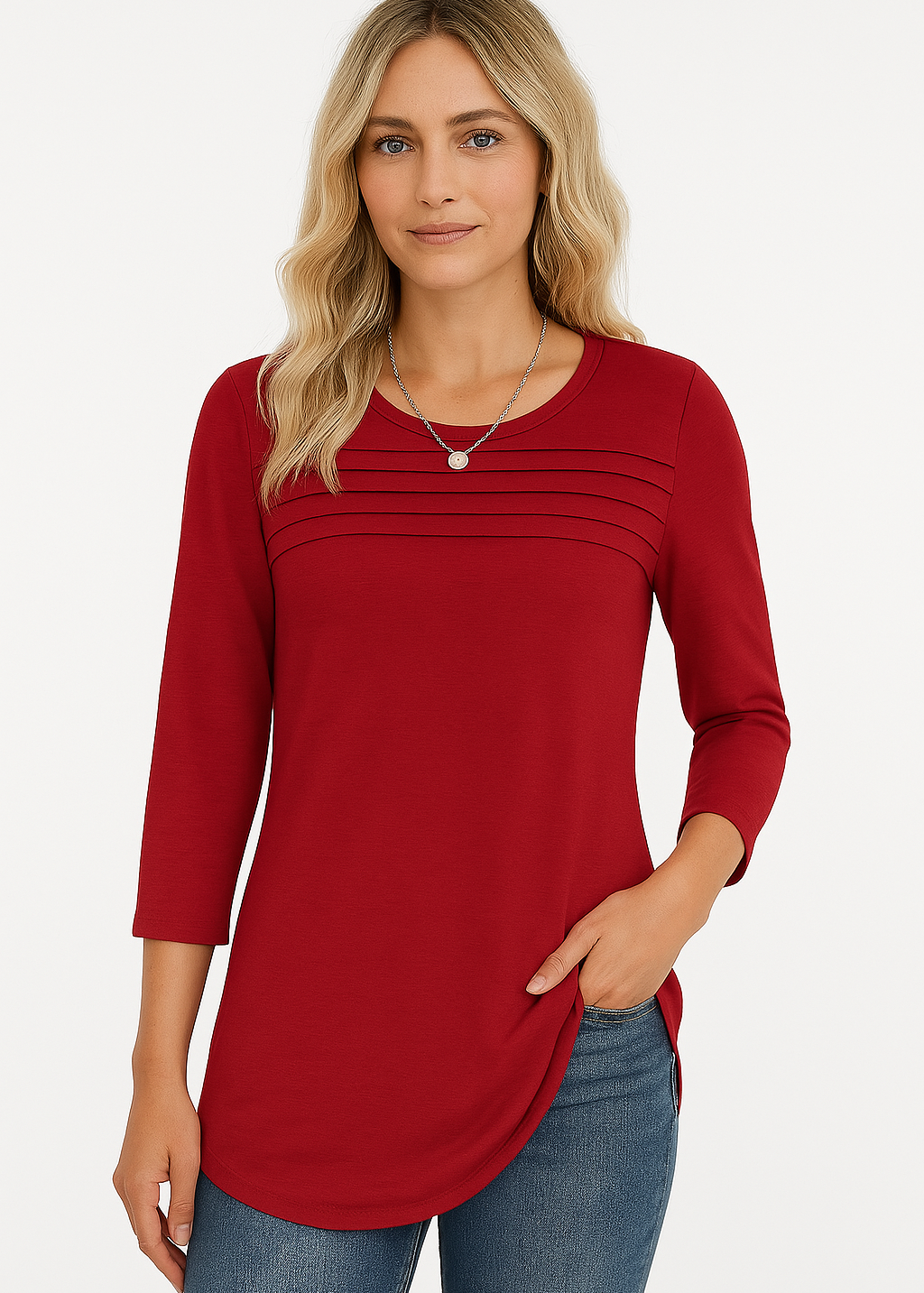 Celestine | 3/4 Length Sleeve Top Pleated Front T-Shirt